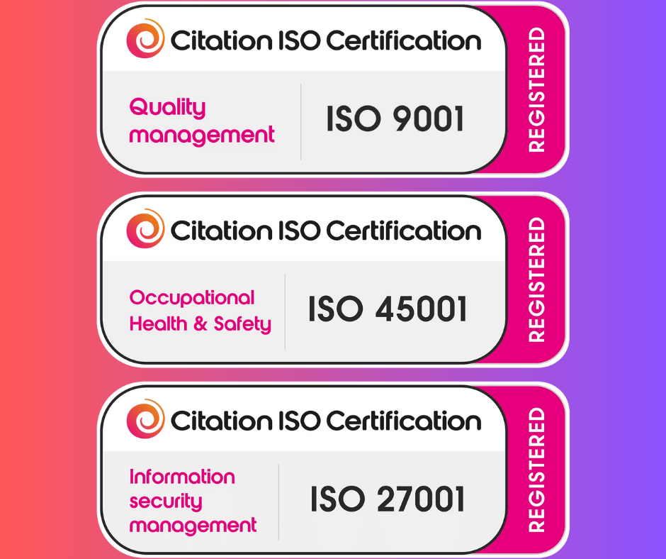 ISO Certification icons from citation in white and orange with black writing on a gradient orange and purple background.