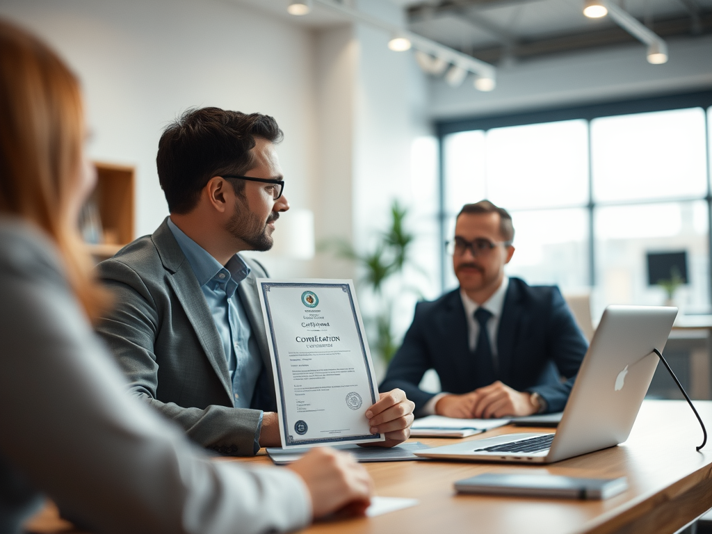 Business meeting with certificate presentation.